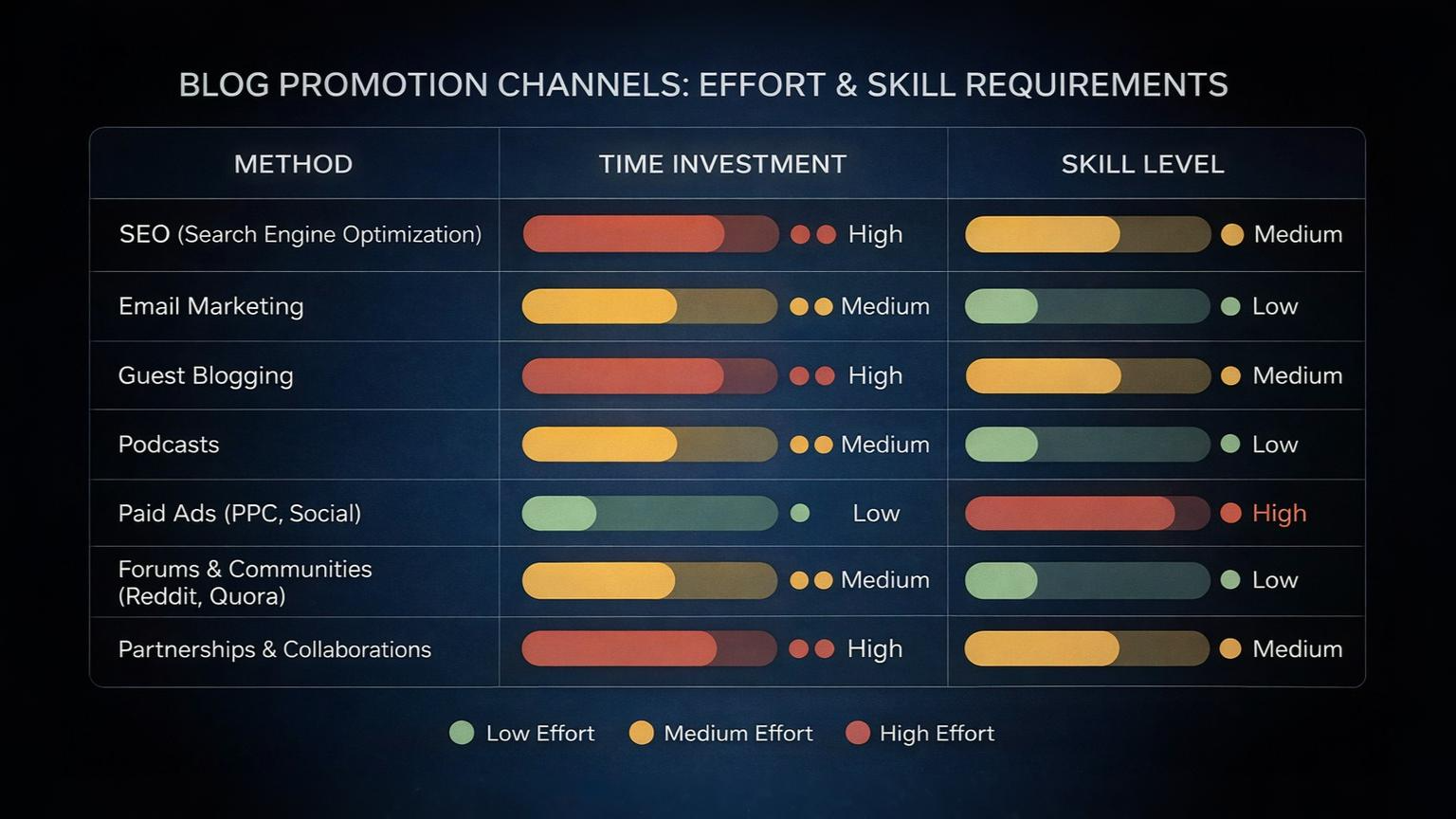 Comparison table displaying time investment and skill requirements for various non-social blog promotion methods