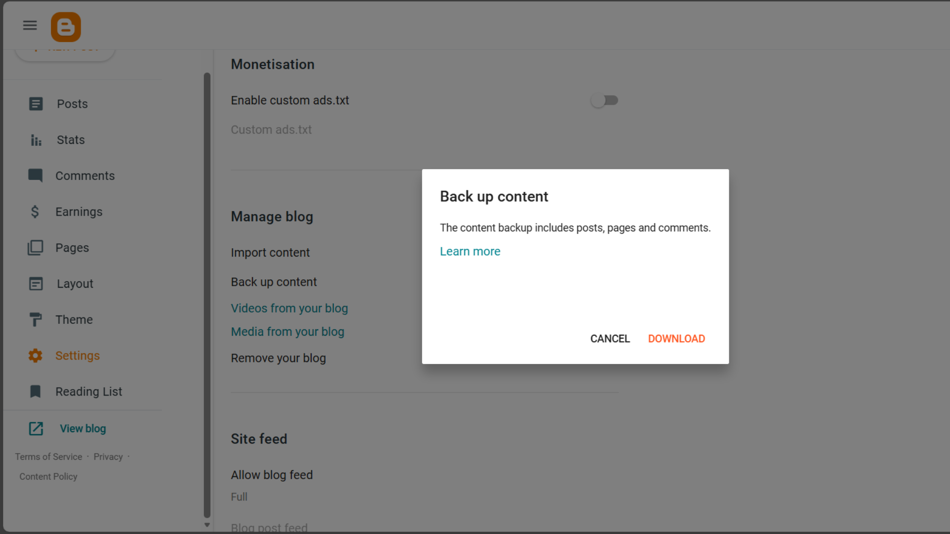 Google Blogger's Backup Content option
