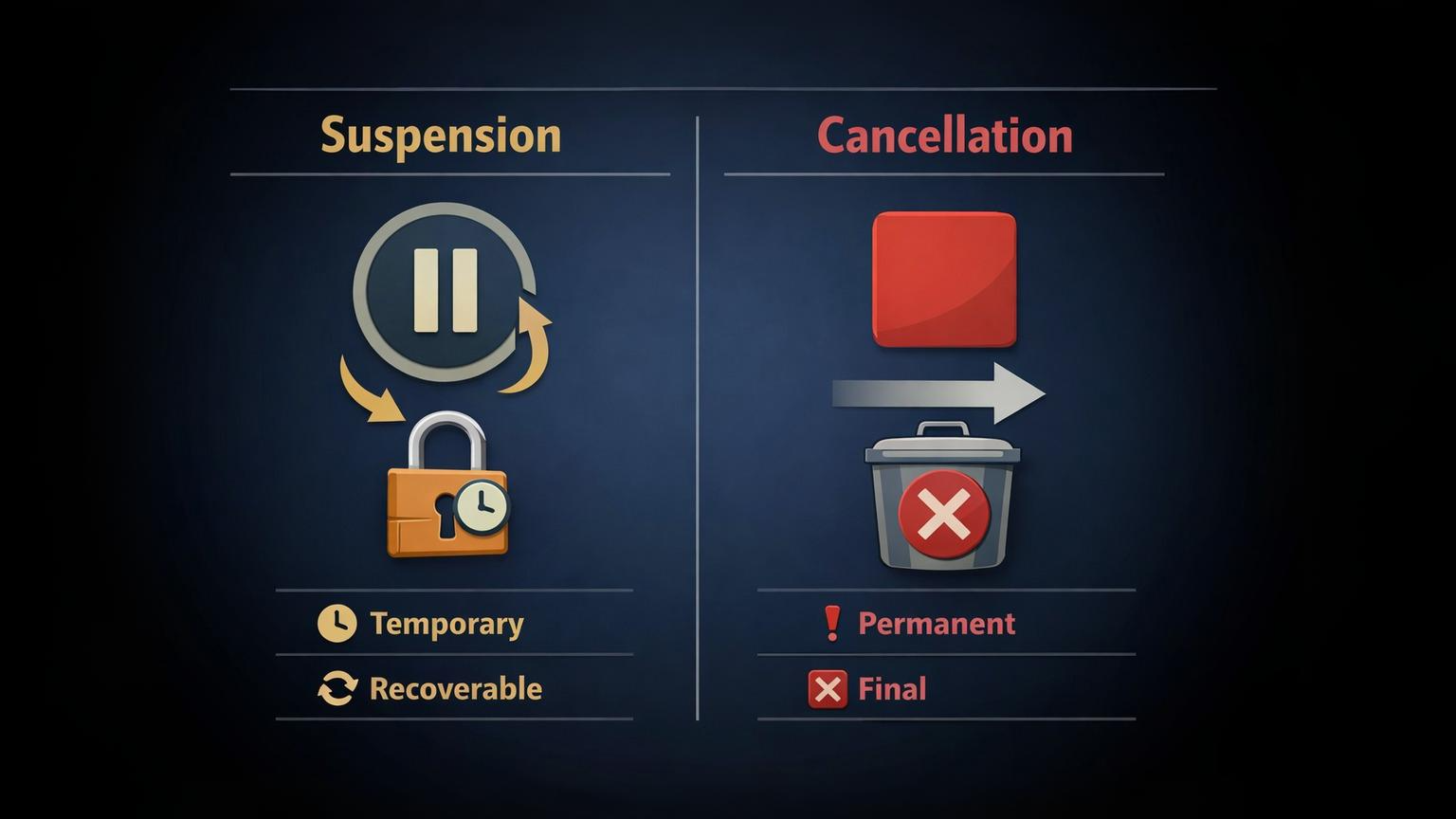 Side-by-side comparison diagram showing the differences between SaaS account suspension and cancellation