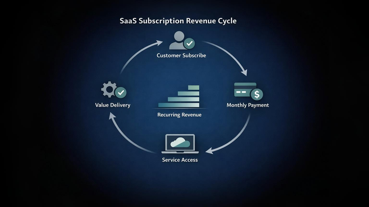 Circular diagram illustrating the continuous SaaS subscription revenue cycle from customer signup through payment and service delivery
